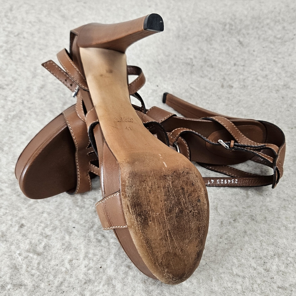 Gucci Silver Horsebit Leather Platform 5 inch Heels Tan Size 41 - Picture 5 of 10